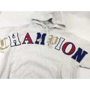 Champion Reverse Weave Hoodie Sweatshirt Mens Small Gray Spellout Logo‎